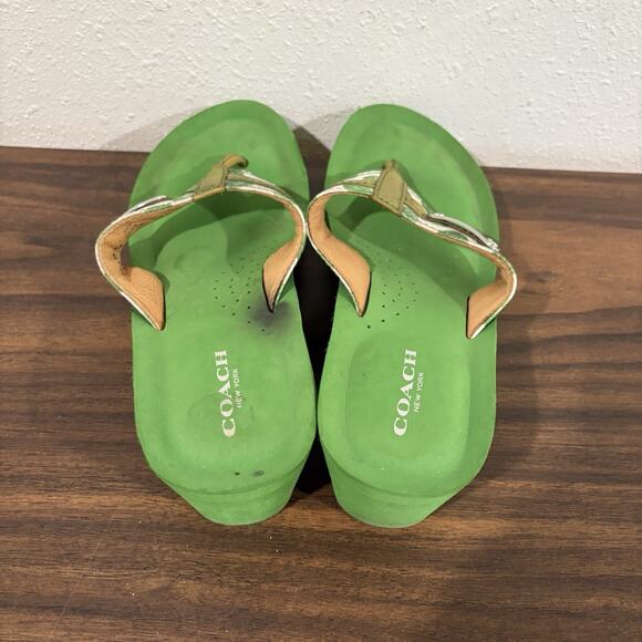 Coach Jaden Leather Wedge Sandals Thong Flip Flops Green Y2K Womens 7 Platform - Picture 9 of 14